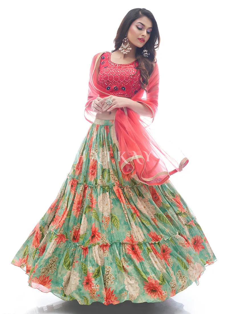 Green And Red Embroidered Festive Lehenga Choli