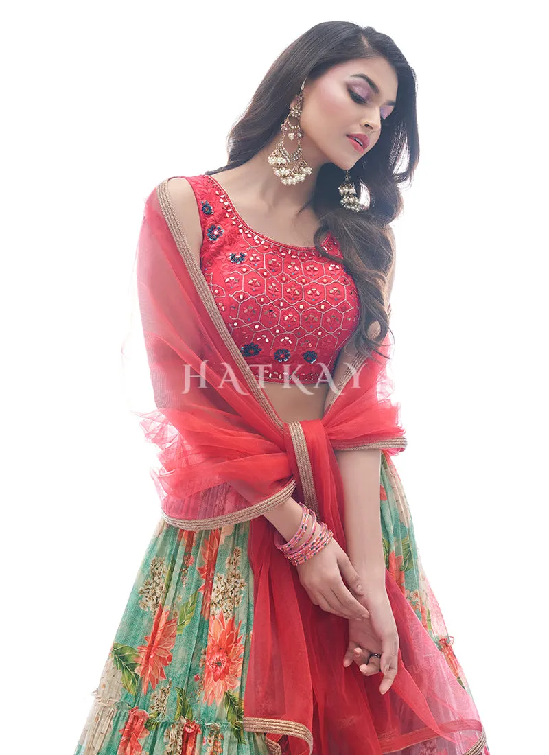 Green And Red Embroidered Festive Lehenga Choli
