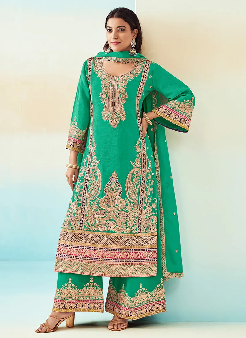 Green Embroidered Traditional Palazzo Style Salwar Suit