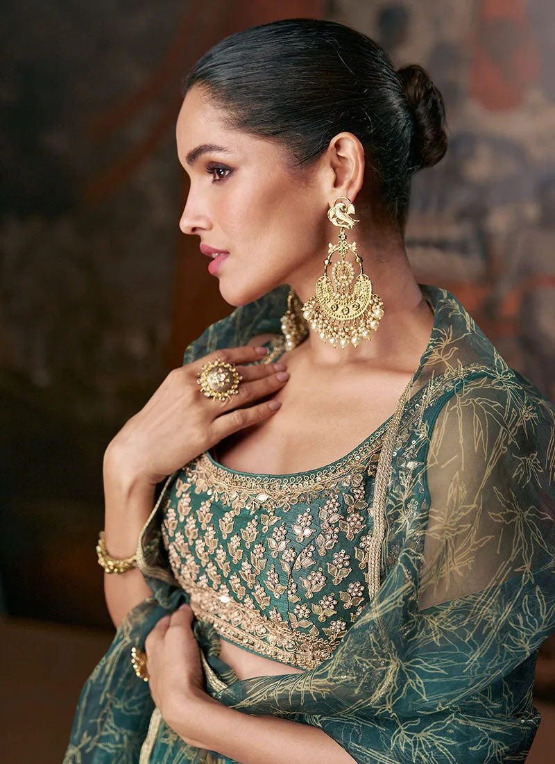 Green Golden Printed Lehenga Choli With Designer Blouse