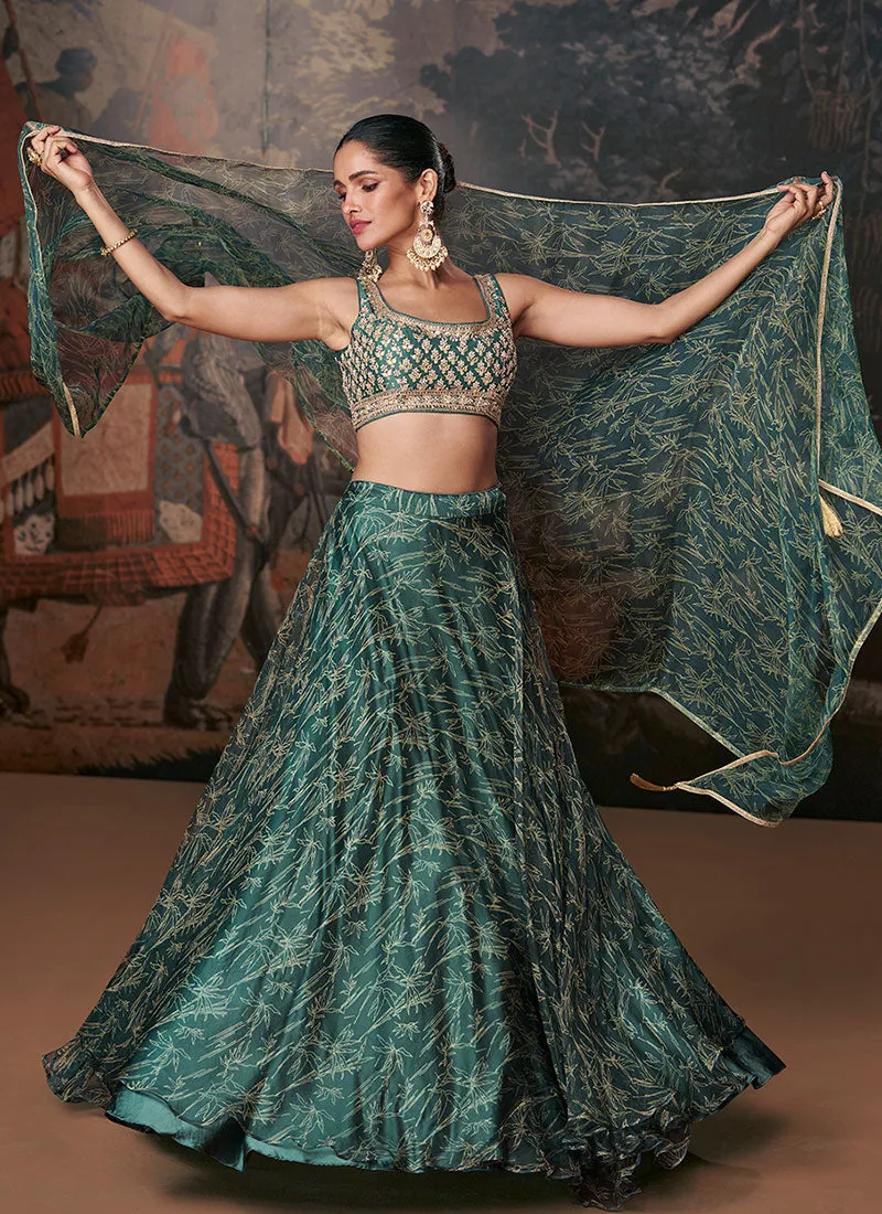 Green Golden Printed Lehenga Choli With Designer Blouse