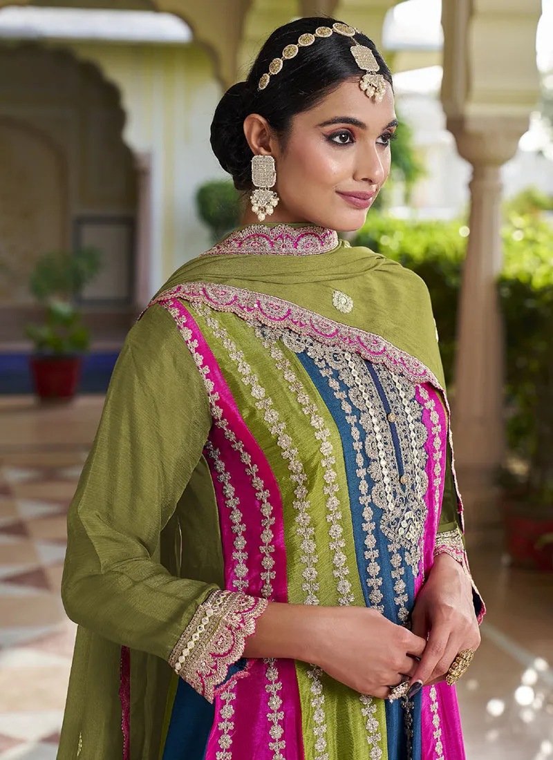 Green Multi Embroidery Designer Anarkali Dhoti Pant Suit