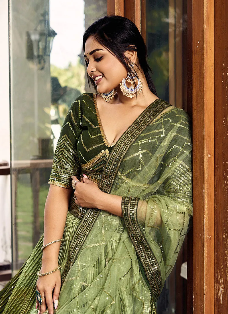 Green Ombré Sequence And Thread Embroidery Wedding Lehenga