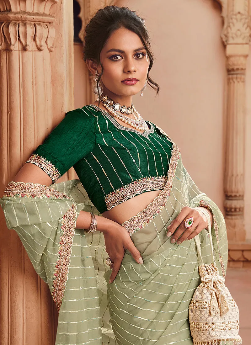 Green Two Tone Traditional Embroidery Organza Silk Saree