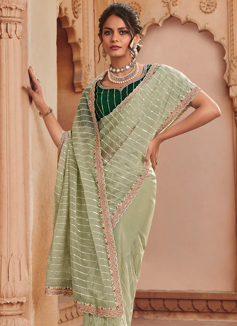 Green Two Tone Traditional Embroidery Organza Silk Saree