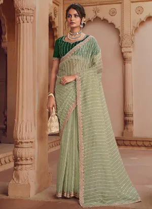 Green Two Tone Traditional Embroidery Organza Silk Saree