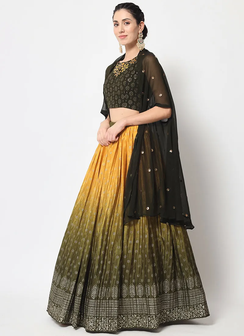 Green Yellow Ombré Sequence Embroidery Silk Lehenga Choli