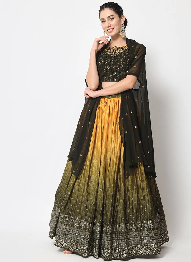 Green Yellow Ombré Sequence Embroidery Silk Lehenga Choli