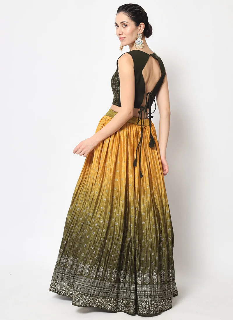 Green Yellow Ombré Sequence Embroidery Silk Lehenga Choli