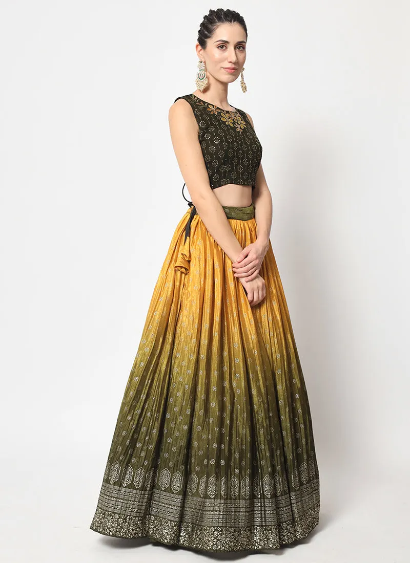 Green Yellow Ombré Sequence Embroidery Silk Lehenga Choli