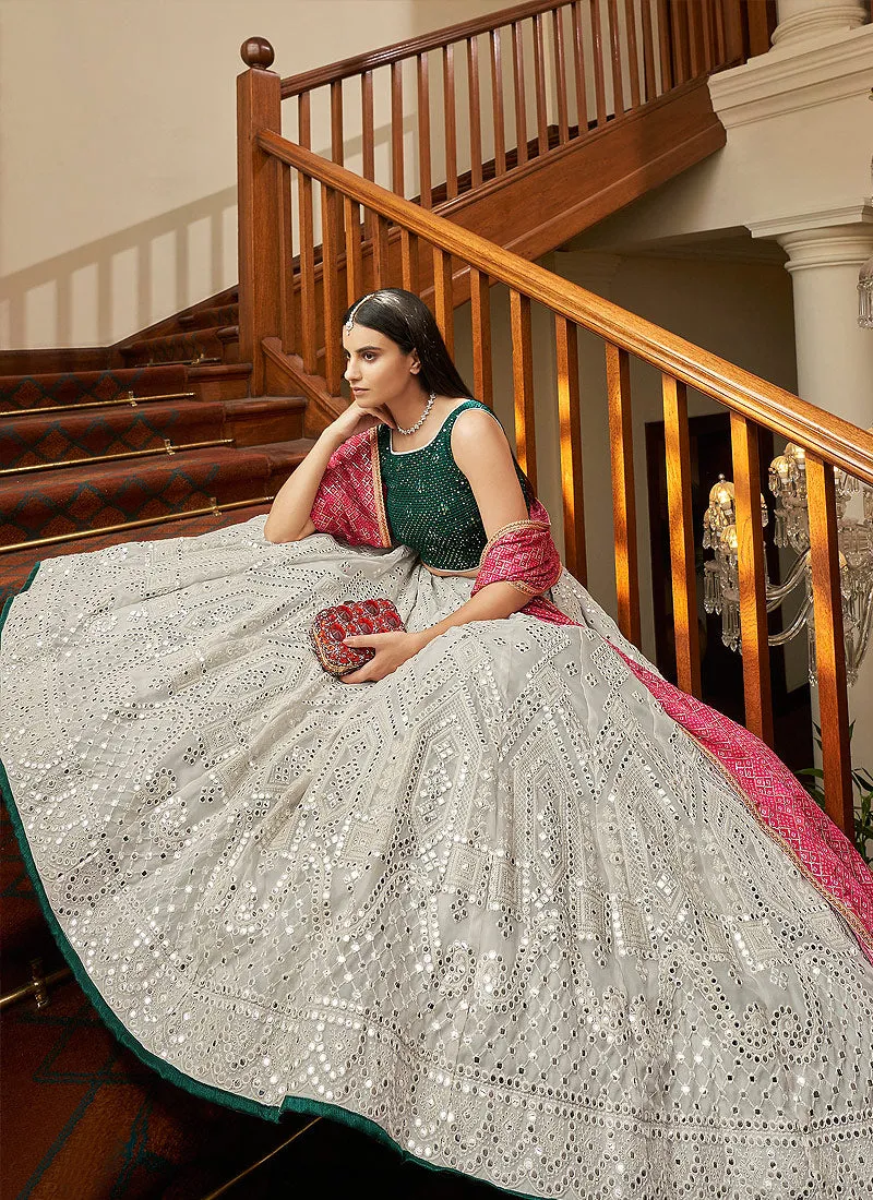 Grey And Green Foil Mirror Embroidered Indian Wedding Lehenga