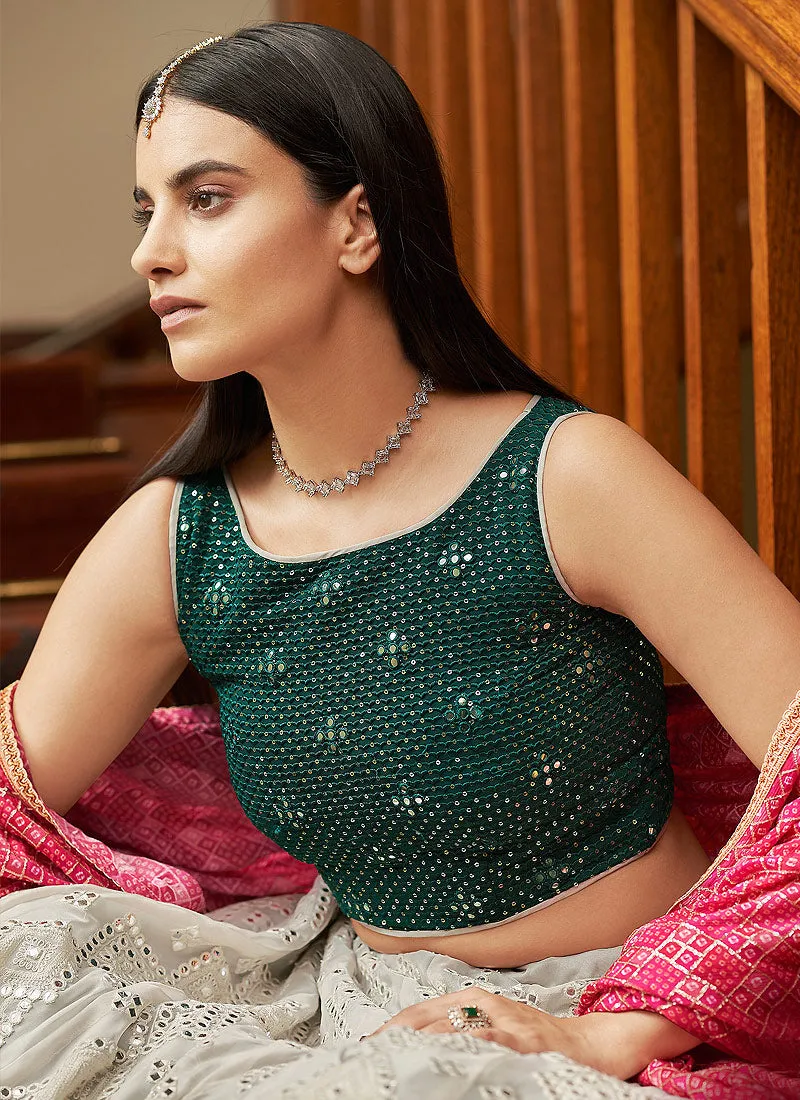 Grey And Green Foil Mirror Embroidered Indian Wedding Lehenga