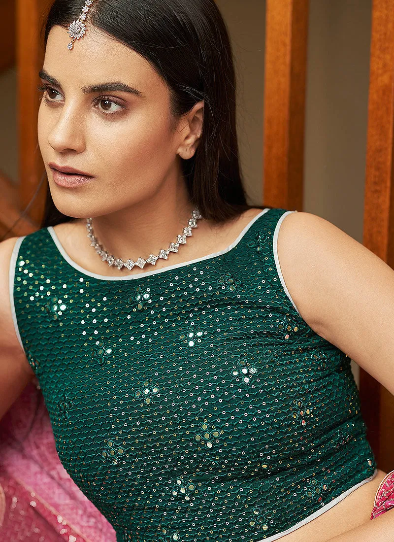 Grey And Green Foil Mirror Embroidered Indian Wedding Lehenga