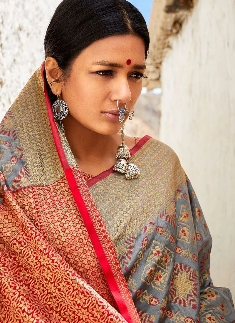Grey And Orange Digital Indian Patola Silk Saree