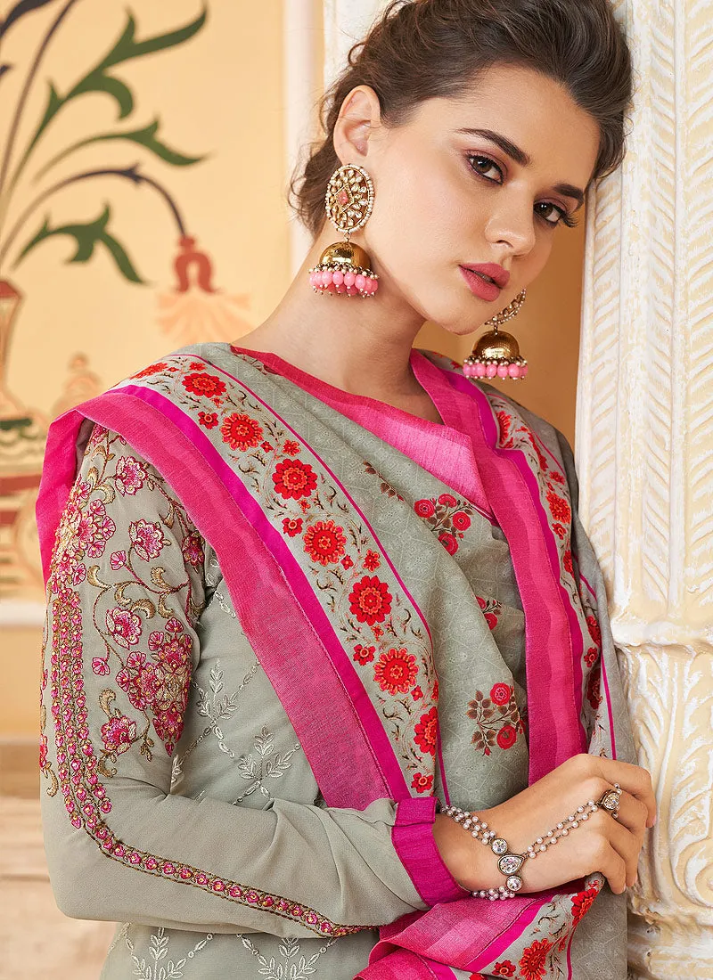 Grey Embroidered Designer Pant Style Suit