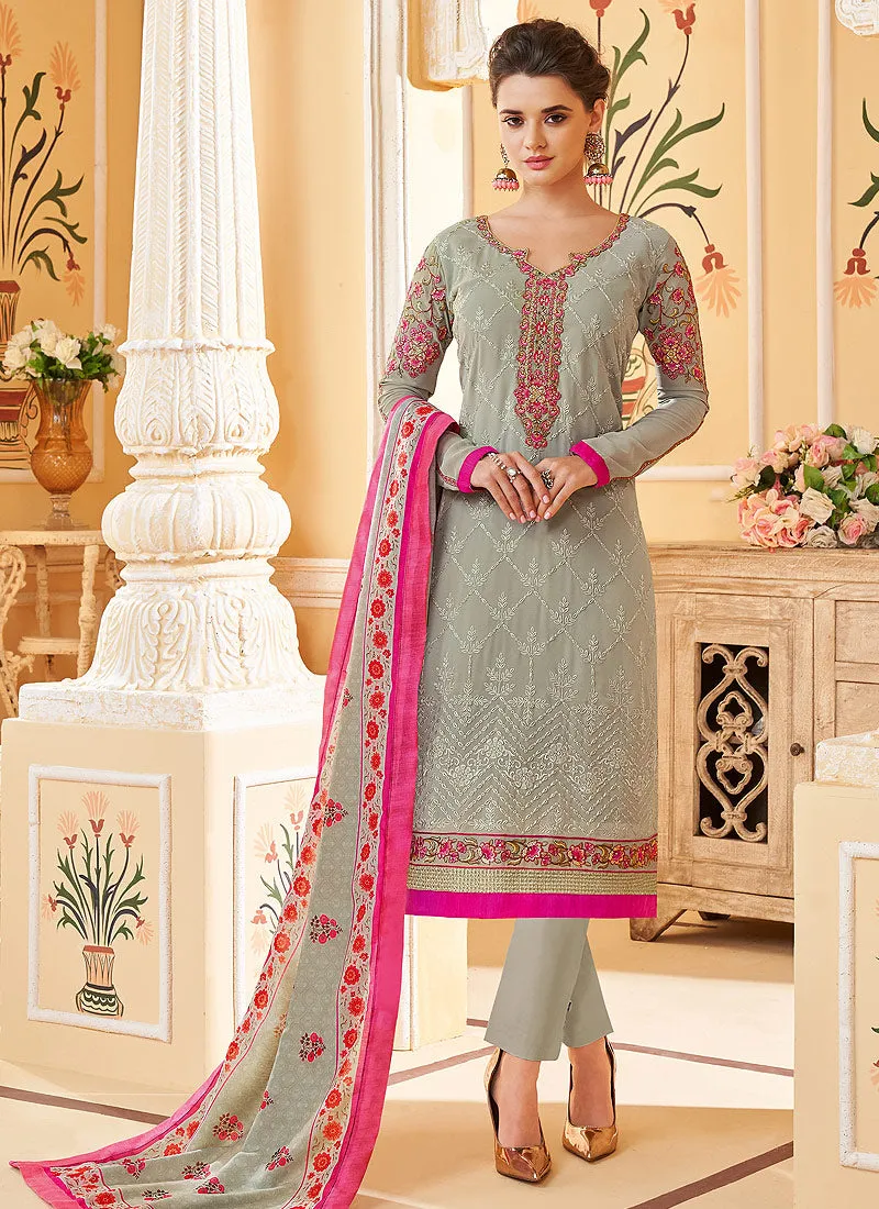 Grey Embroidered Designer Pant Style Suit