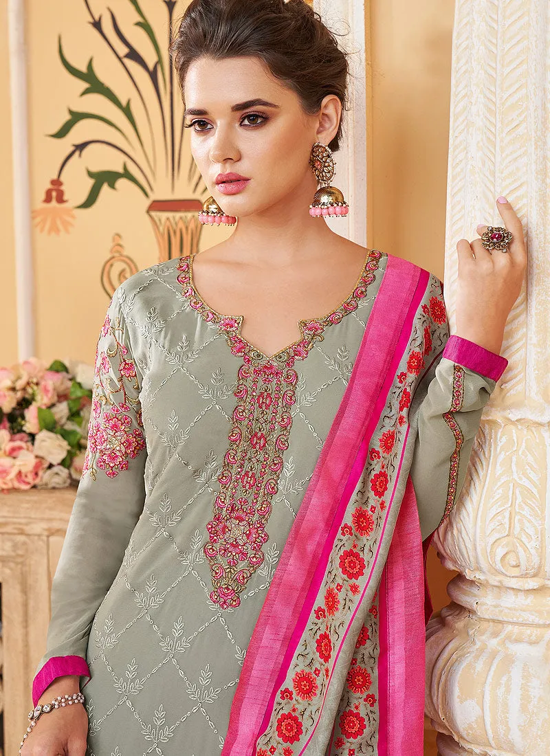 Grey Embroidered Designer Pant Style Suit