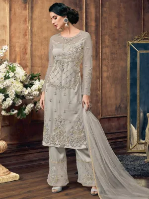 Grey Embroidery And Pearl Embellished Pakistani Pant Suit