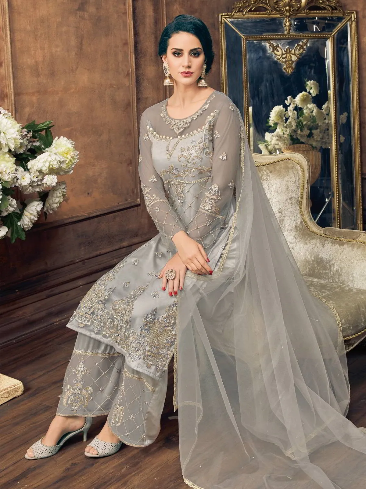 Grey Embroidery And Pearl Embellished Pakistani Pant Suit