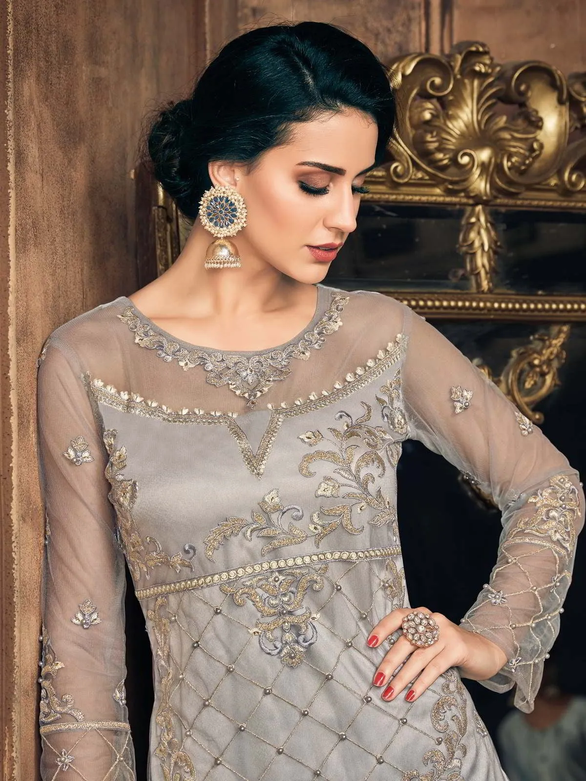 Grey Embroidery And Pearl Embellished Pakistani Pant Suit