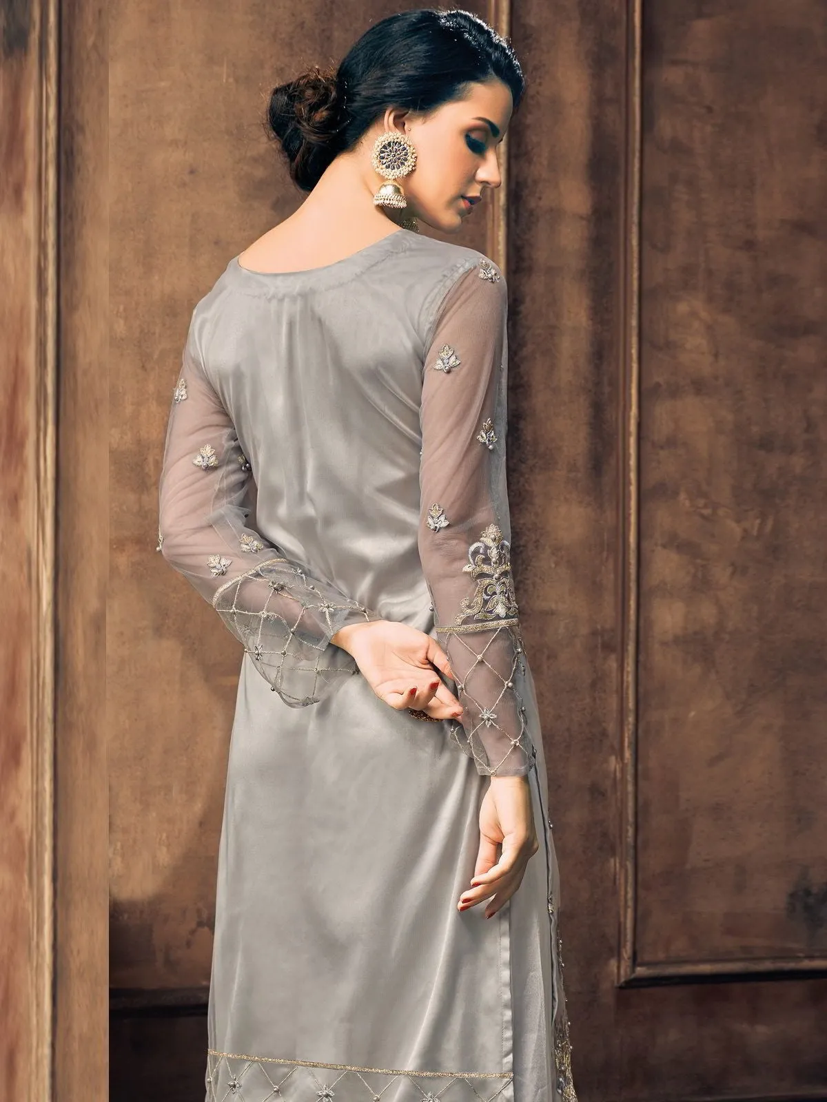 Grey Embroidery And Pearl Embellished Pakistani Pant Suit