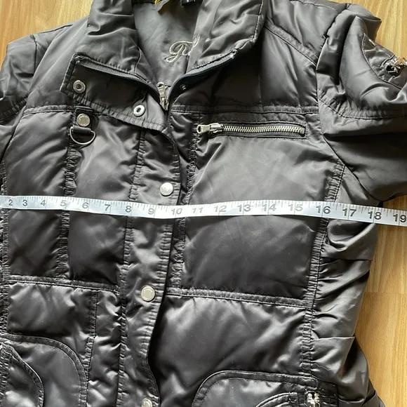 •GUESS• down-feather puffer coat // mid-length // full zip jacket // dark silver