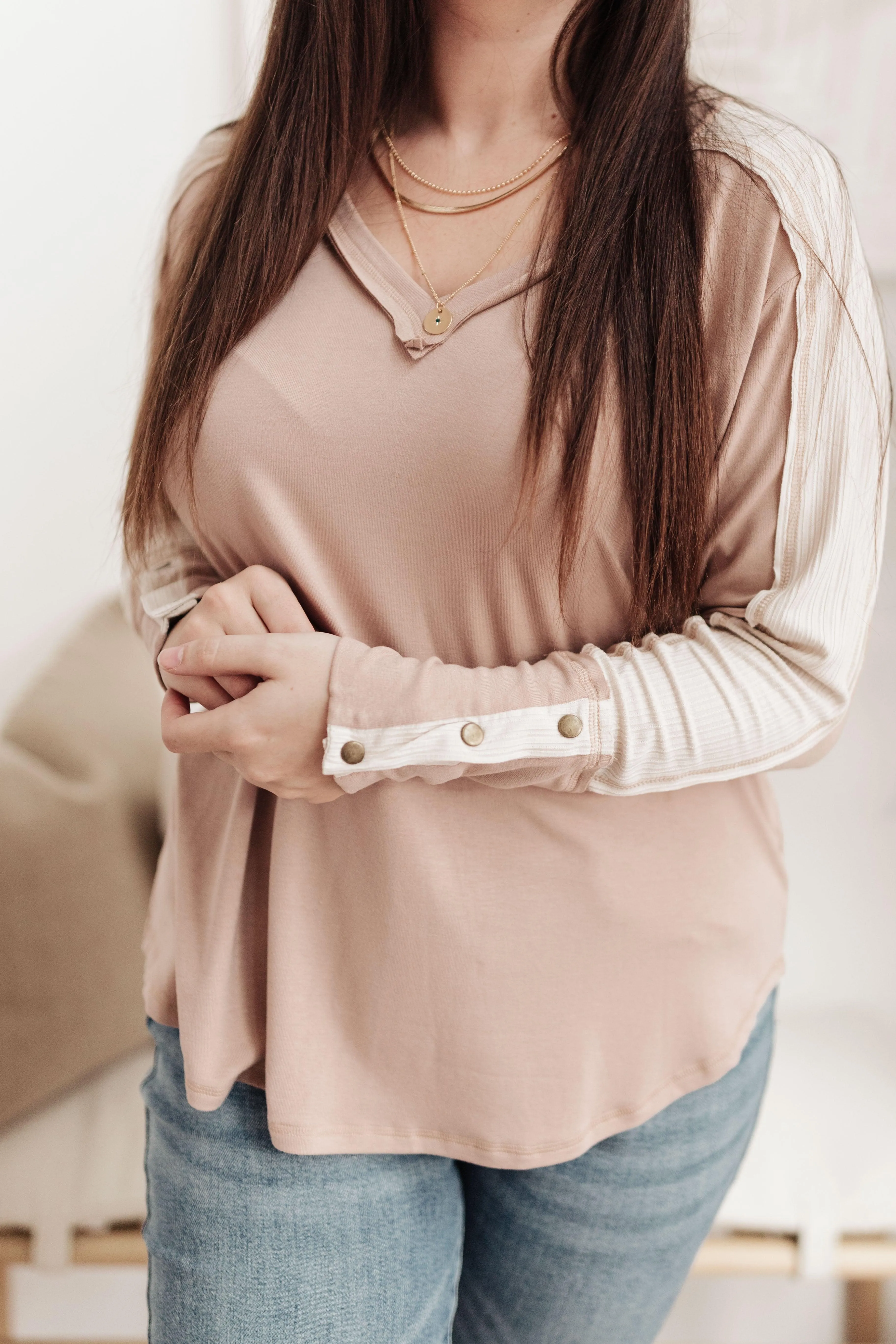 Hazel Blues® | Coffee Date V Neck Top In Taupe