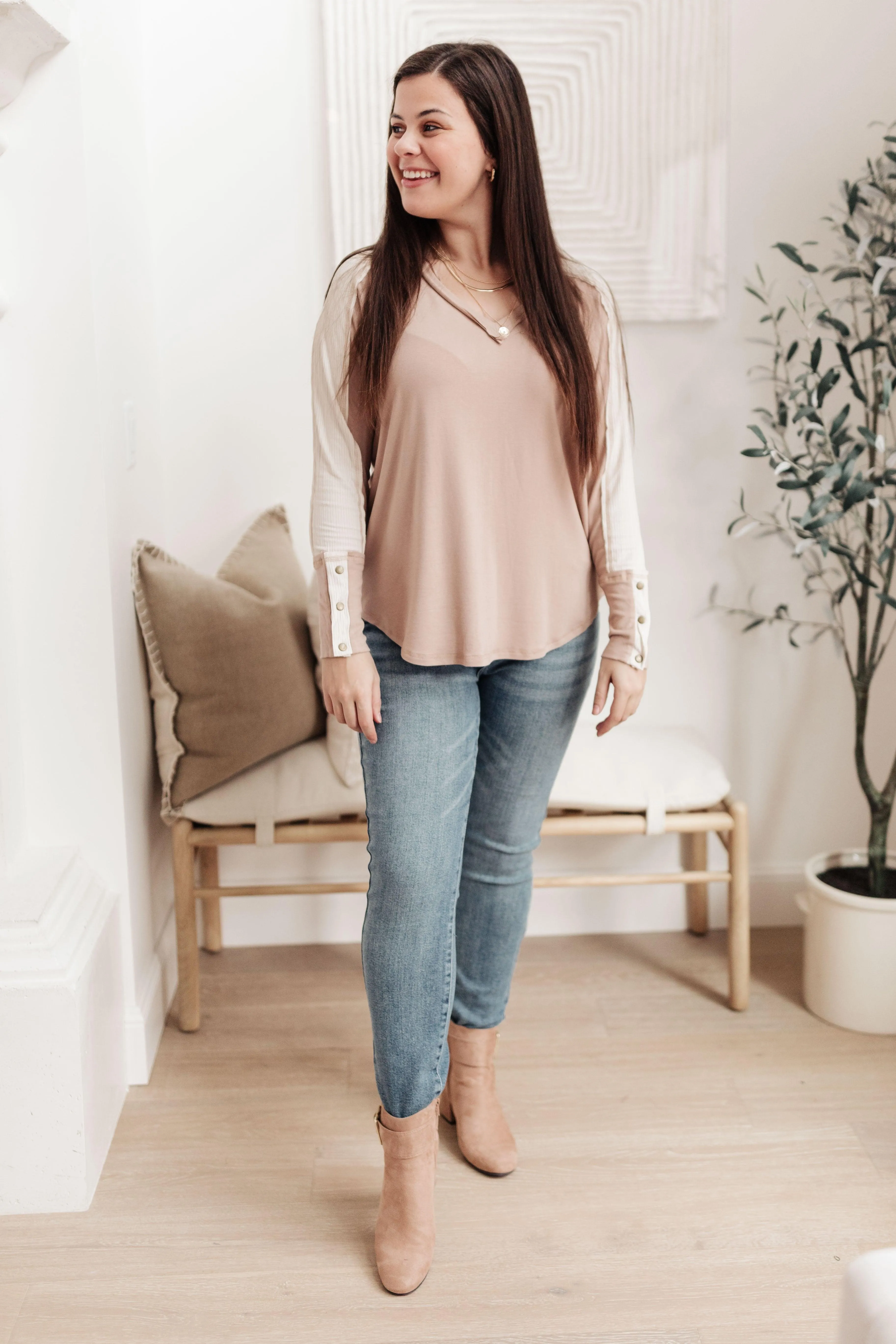Hazel Blues® | Coffee Date V Neck Top In Taupe