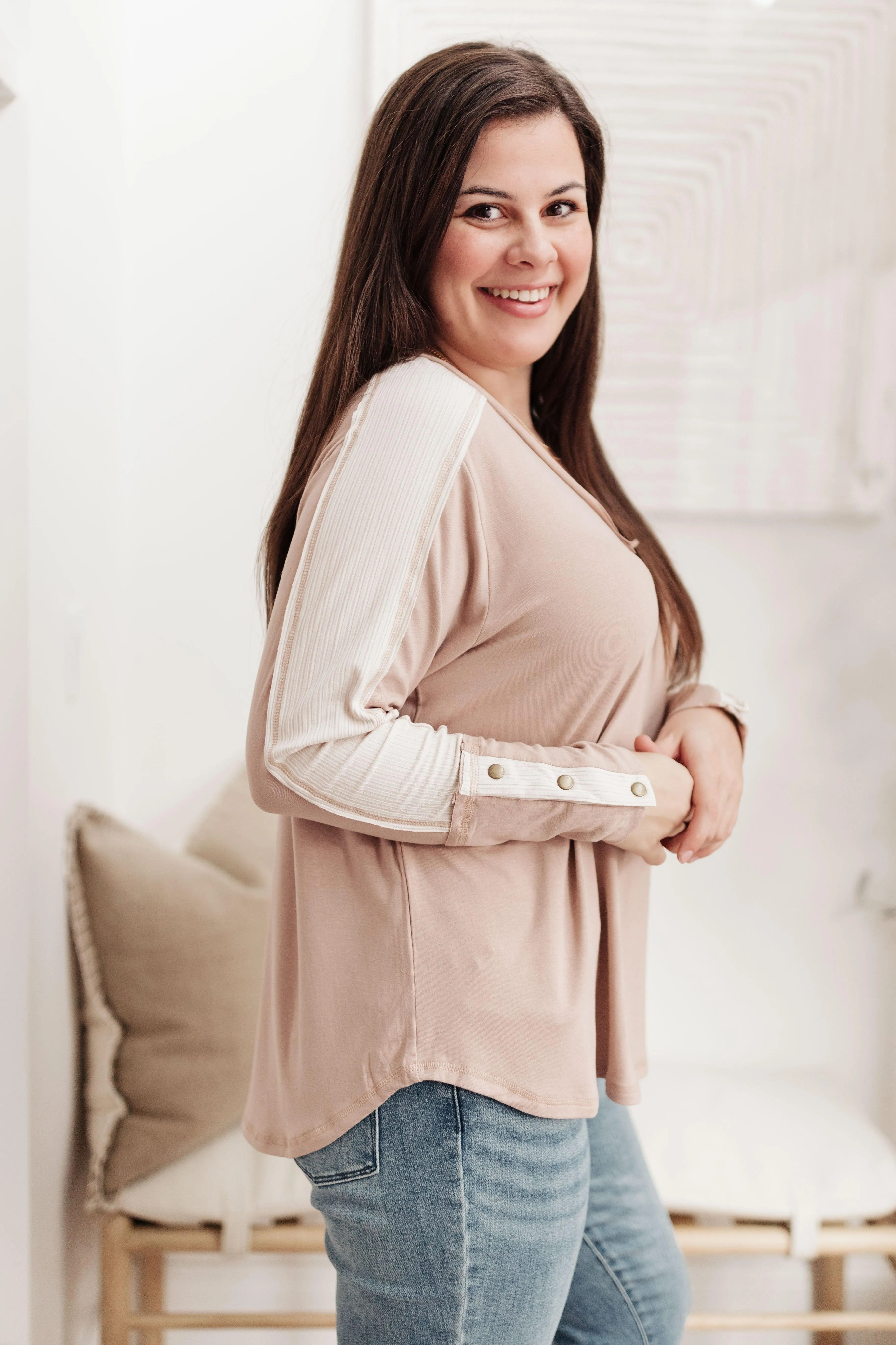 Hazel Blues® | Coffee Date V Neck Top In Taupe