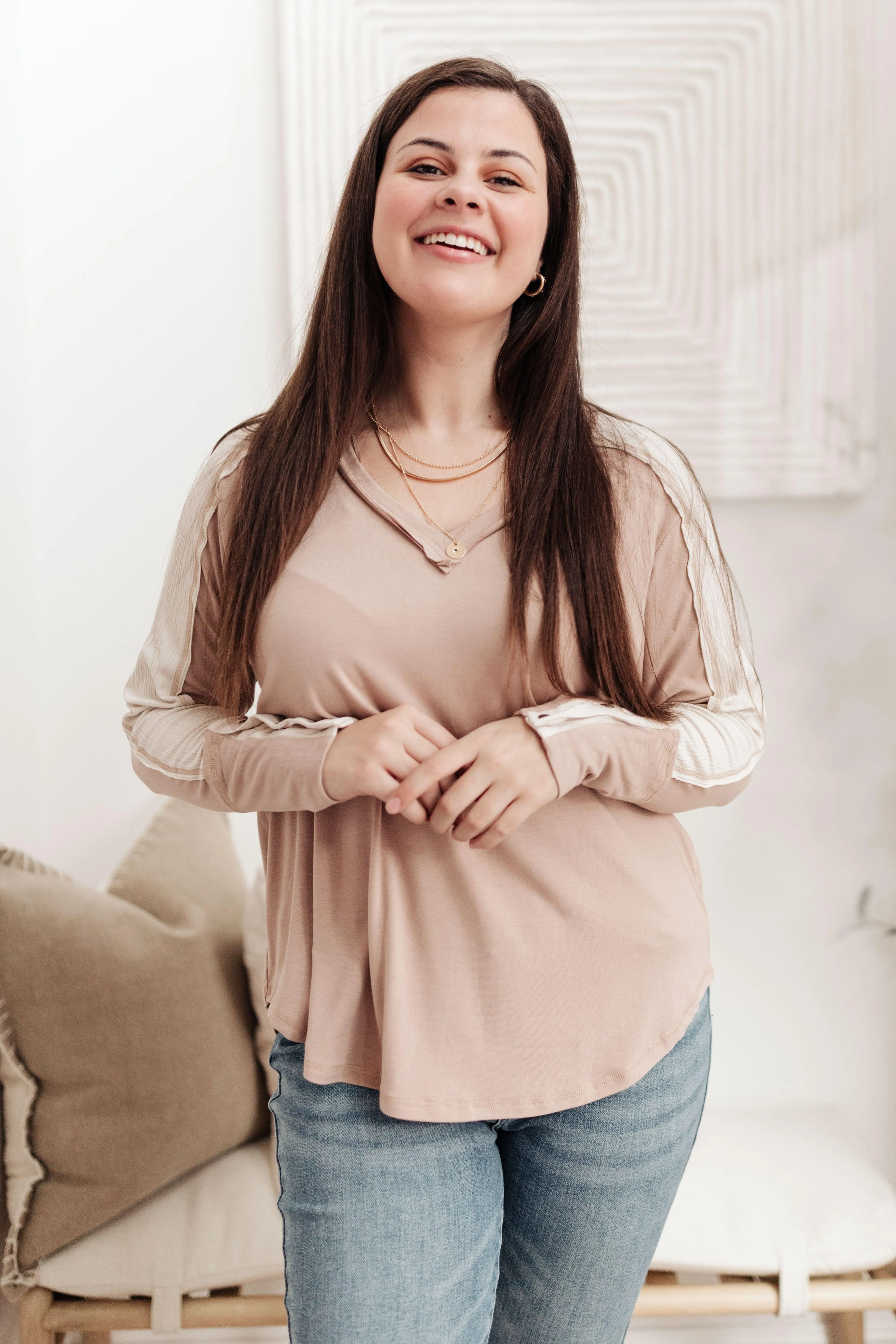 Hazel Blues® | Coffee Date V Neck Top In Taupe