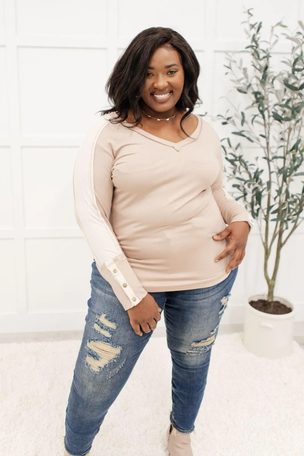 Hazel Blues® | Coffee Date V Neck Top In Taupe