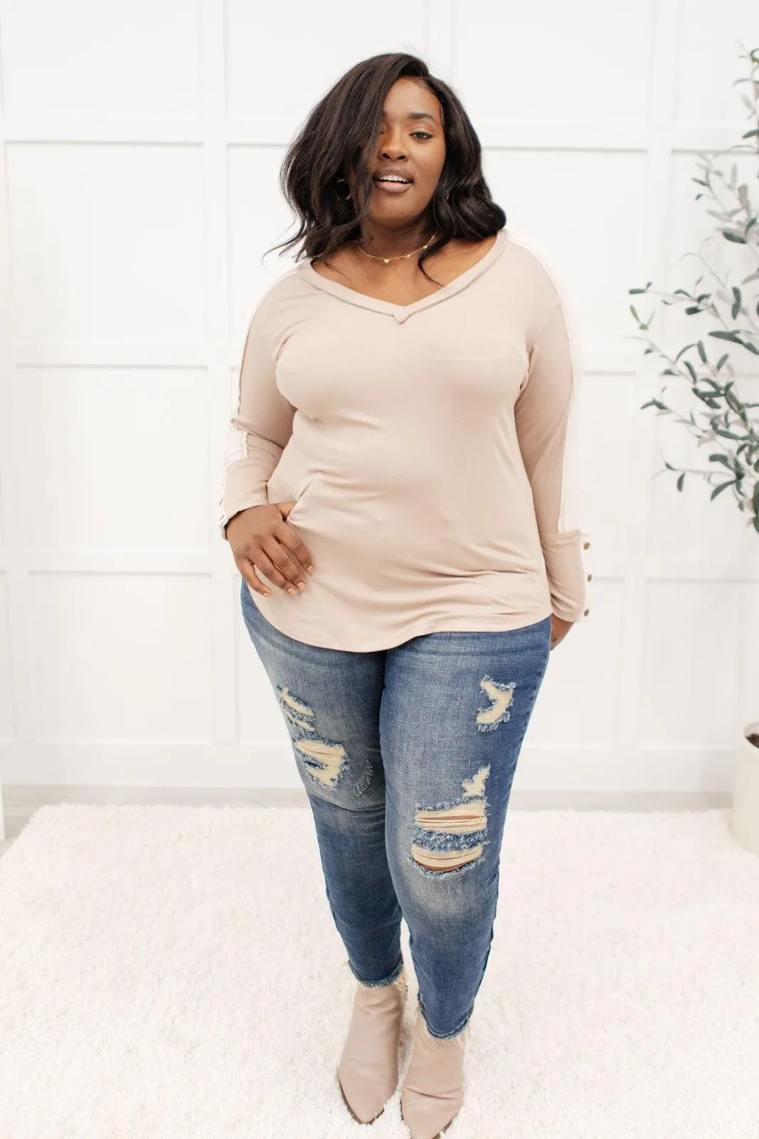 Hazel Blues® | Coffee Date V Neck Top In Taupe