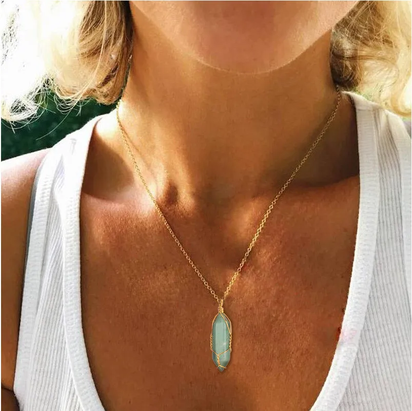 Hexagonal Natural Quartz Stone Pendant Crystal Full Wire Wrap Gemstone Necklace
