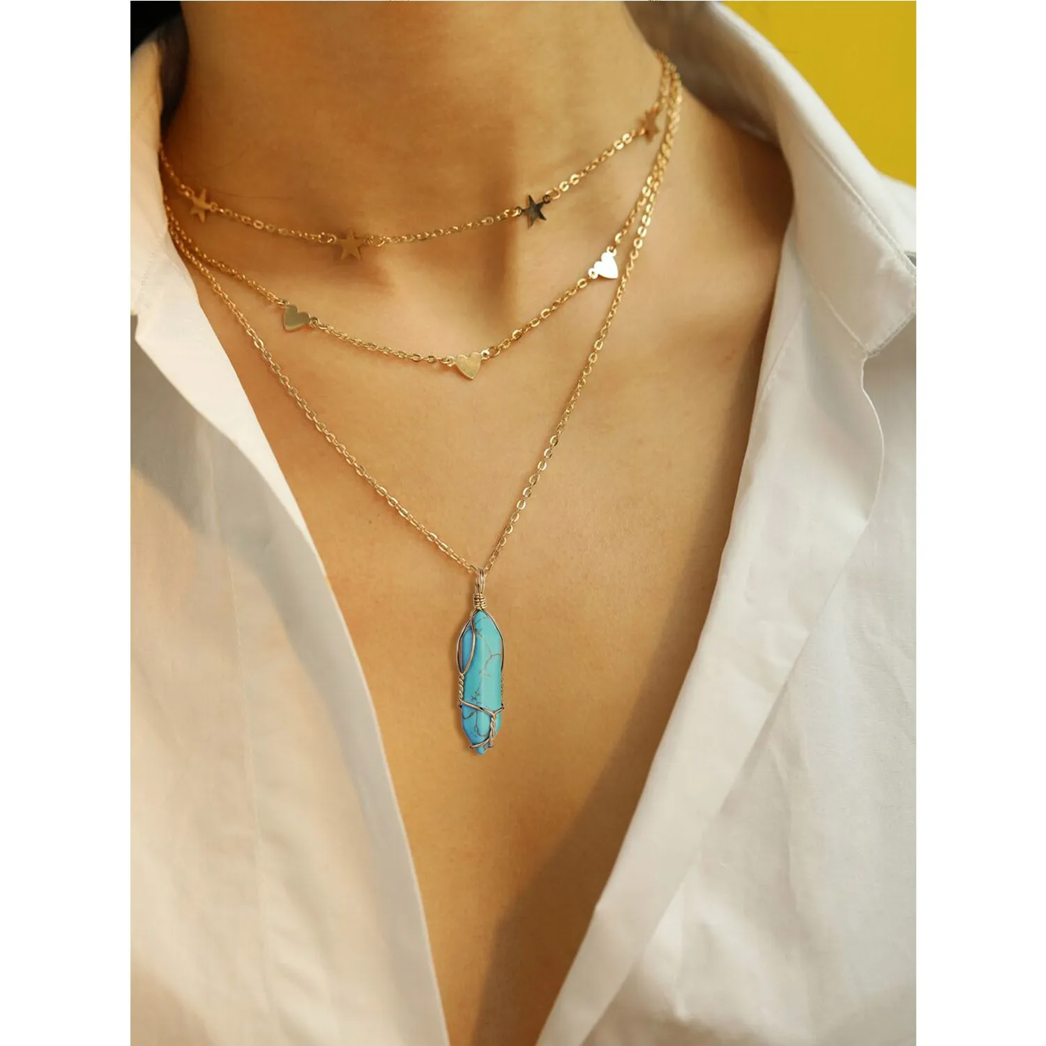 Hexagonal Natural Quartz Stone Pendant Crystal Full Wire Wrap Gemstone Necklace