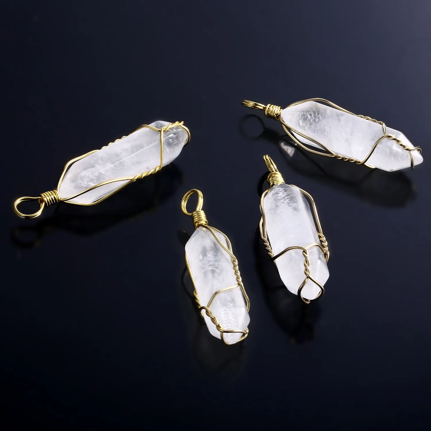 Hexagonal Natural Quartz Stone Pendant Crystal Full Wire Wrap Gemstone Necklace
