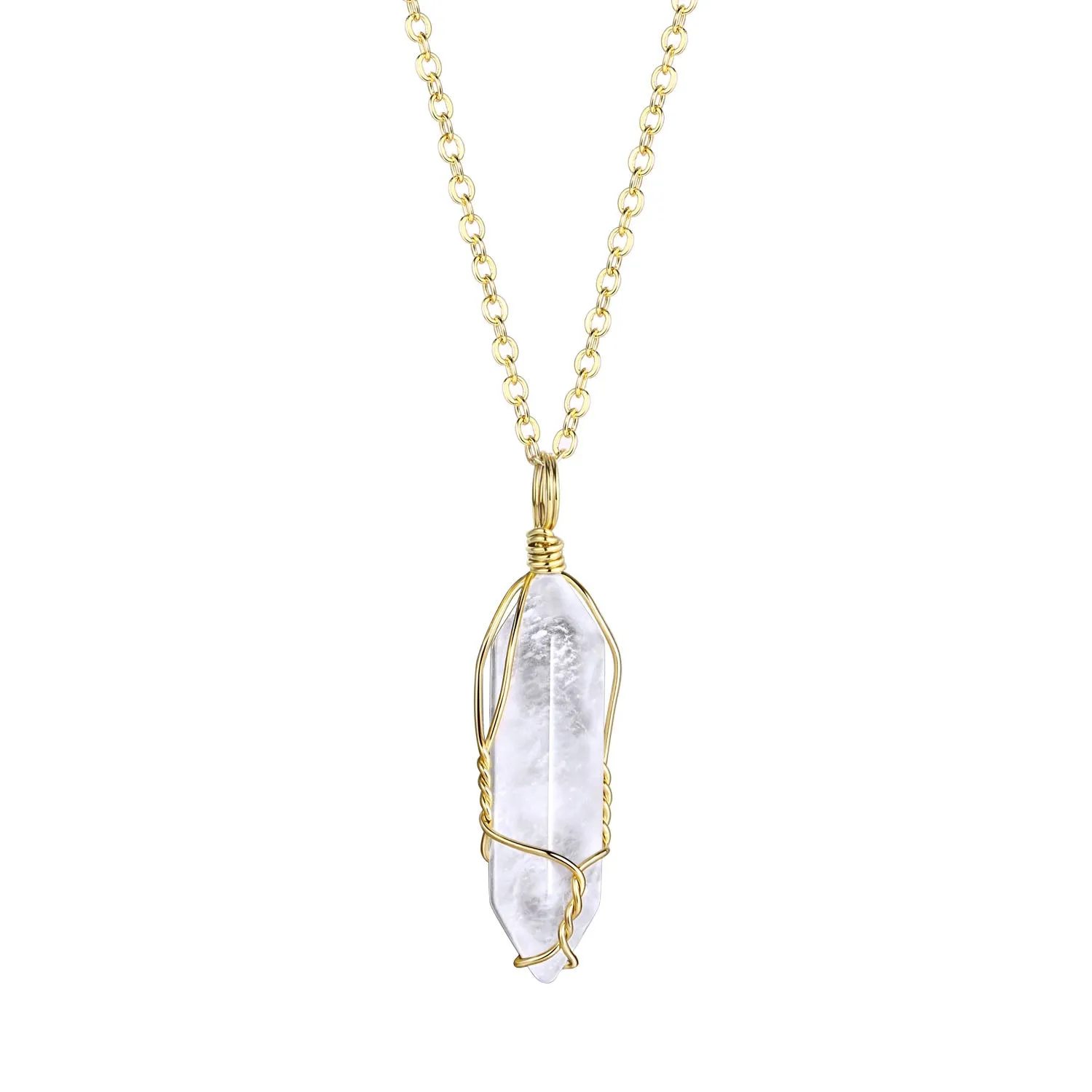 Hexagonal Natural Quartz Stone Pendant Crystal Full Wire Wrap Gemstone Necklace