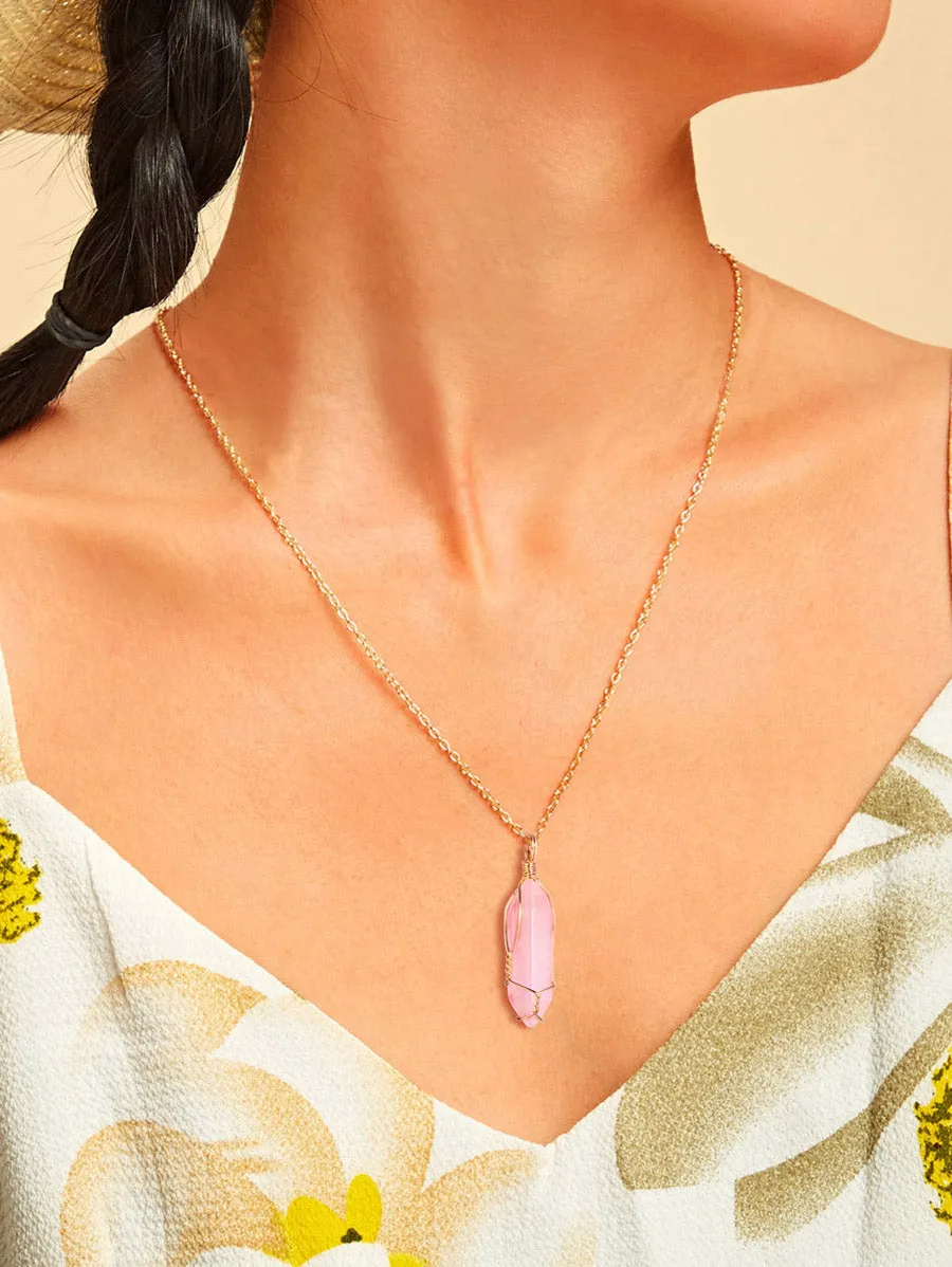 Hexagonal Natural Quartz Stone Pendant Crystal Full Wire Wrap Gemstone Necklace