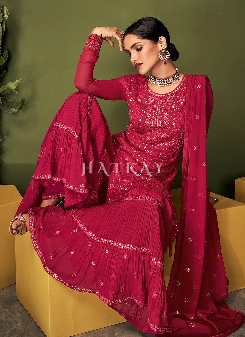 Hot Pink Sequence Embroidered Sharara Style Suit