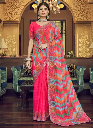 Hot Pink Sequence Printed Georgette Saree