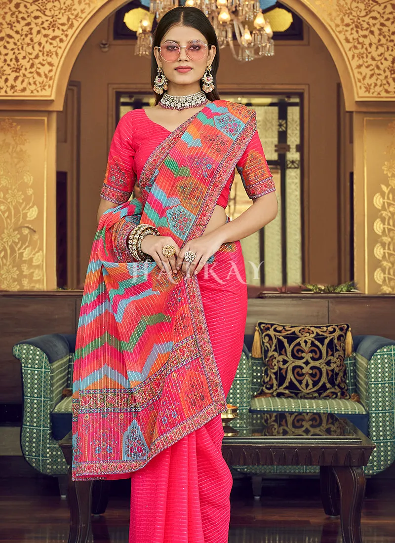 Hot Pink Sequence Printed Georgette Saree