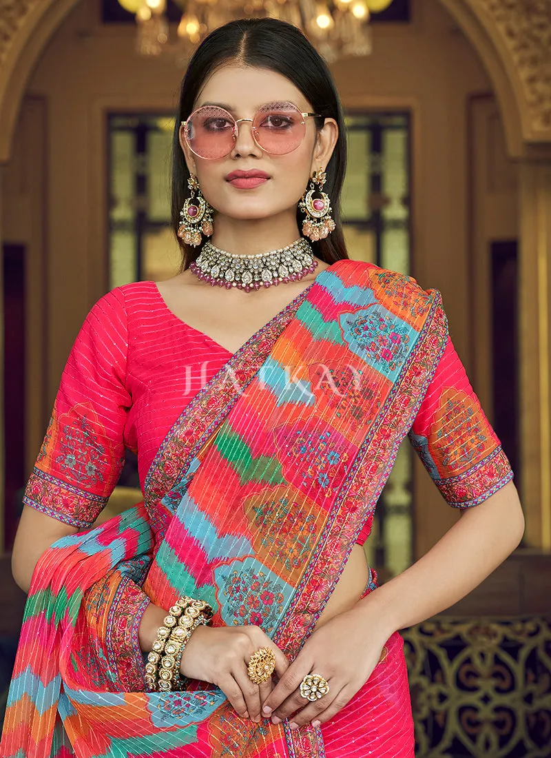 Hot Pink Sequence Printed Georgette Saree