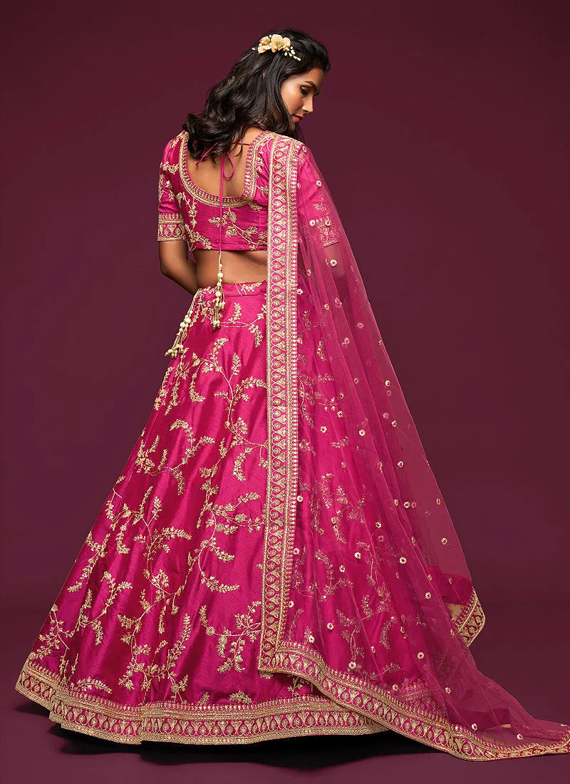 Hot Pink Zari Embroidered Silk Lehenga Choli