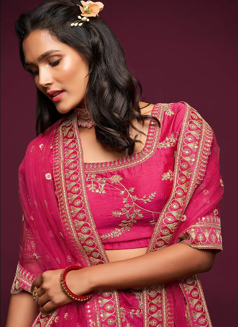 Hot Pink Zari Embroidered Silk Lehenga Choli