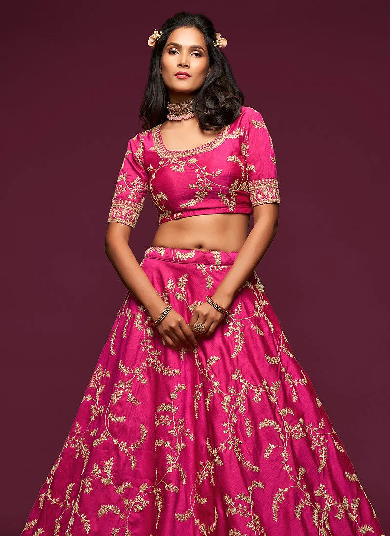 Hot Pink Zari Embroidered Silk Lehenga Choli