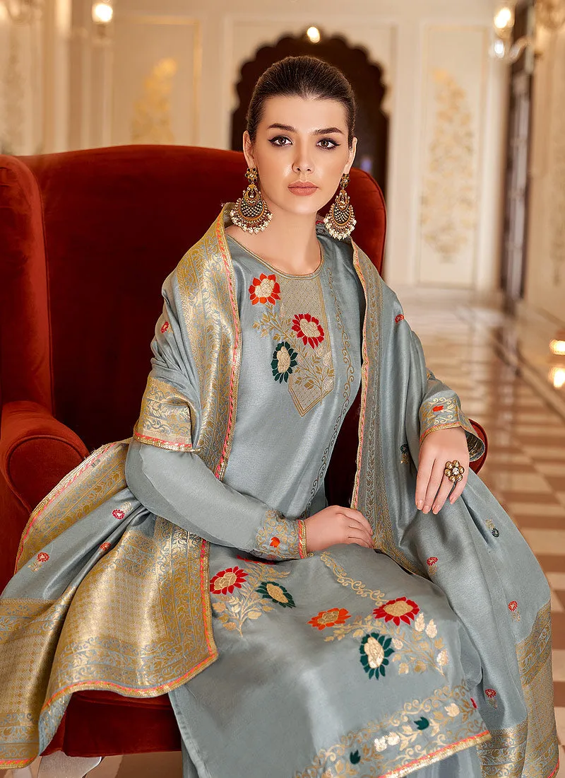 Ice Blue Embroidered Indian Palazzo Suit