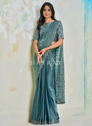 Ice Blue Sequence Embroidery Designer Silk Saree