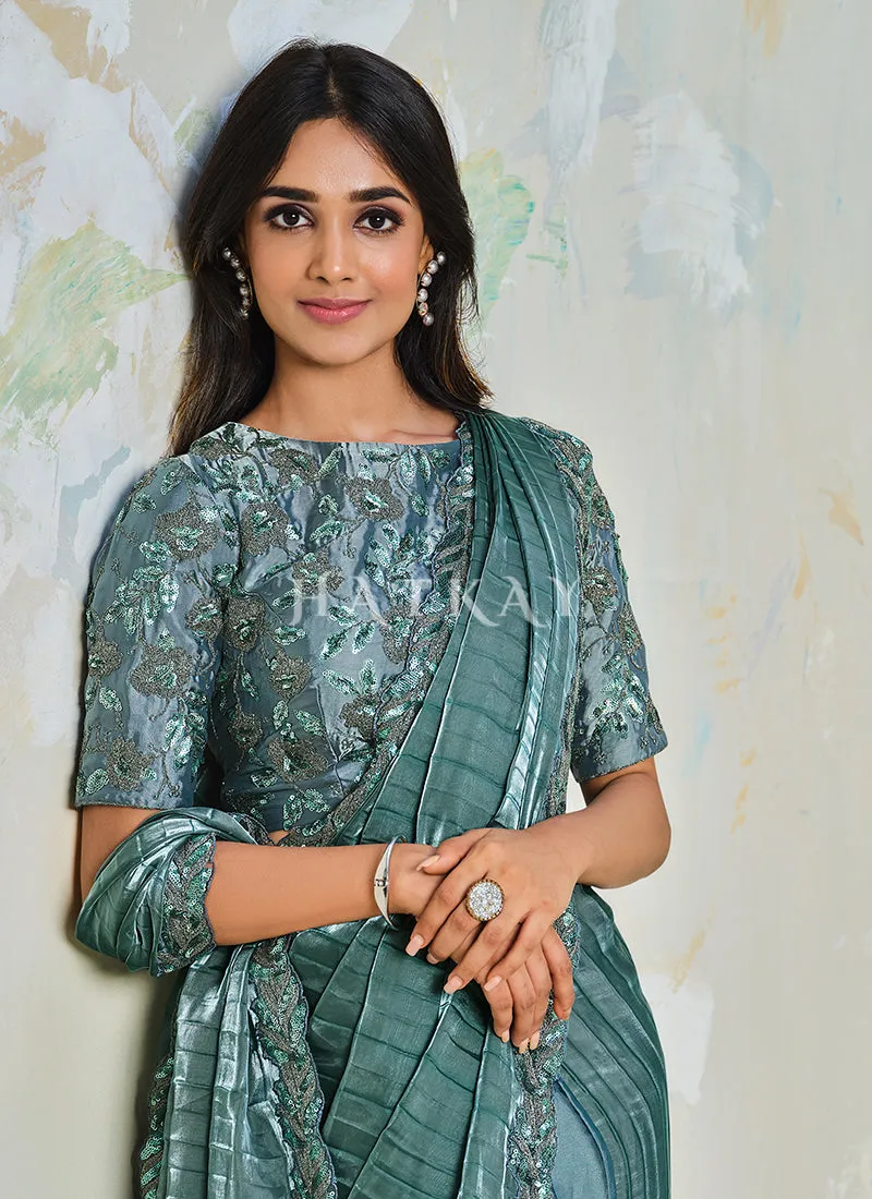 Ice Blue Sequence Embroidery Designer Silk Saree