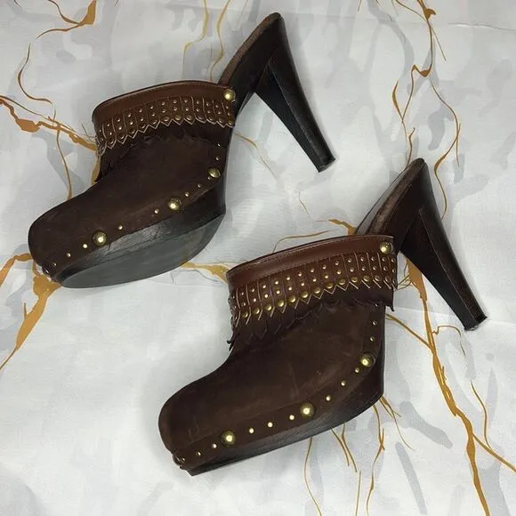 Isabella Fiore made in Italy, brown suede clog heels with stud detail