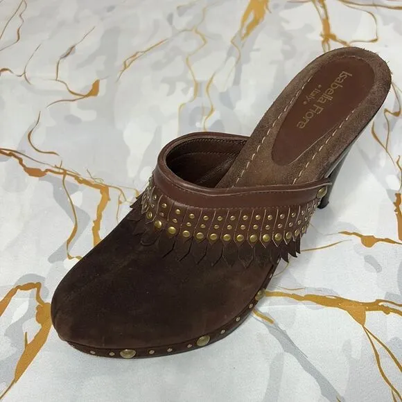 Isabella Fiore made in Italy, brown suede clog heels with stud detail