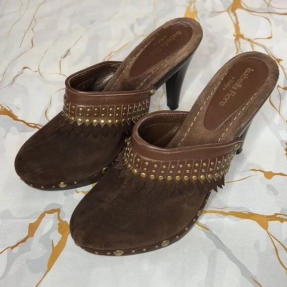 Isabella Fiore made in Italy, brown suede clog heels with stud detail